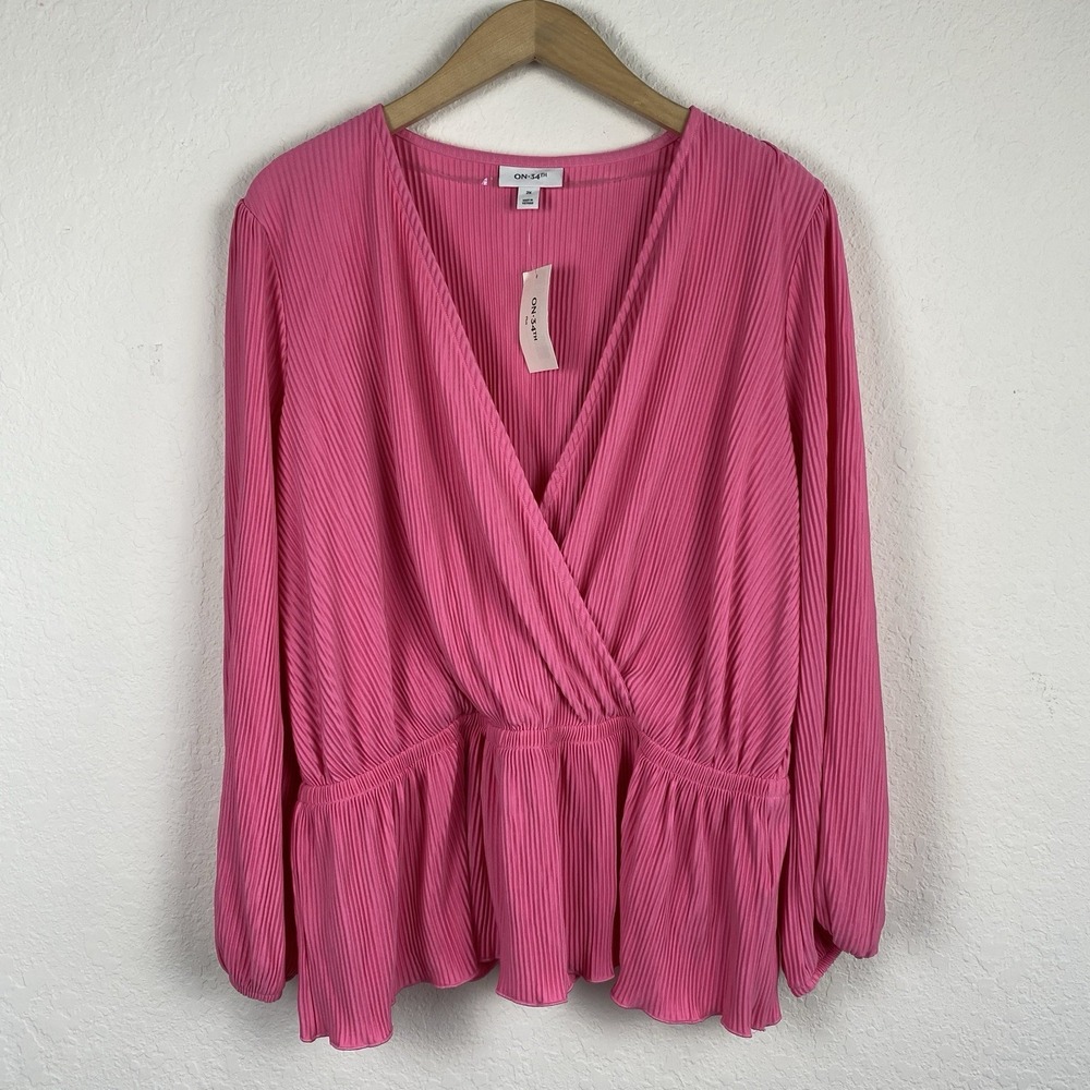 On 34th Size 2x Pink Blouse Peplum Pleated Office Career Stretchy Faux Wrap